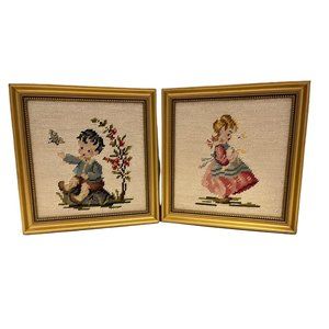 2 Vintage Needlepoint Boy Butterfly Girl Duck Gold Framed Wall Hangings 10"